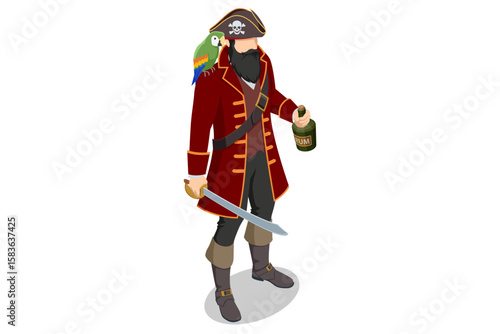 Pirate with Rum and Cutlass. Isometric illustration of a swashbuckling pirate captain with a beard, a hat, a colorful parrot on his shoulder, holding a bottle of rum and a cutlass. Sea robber