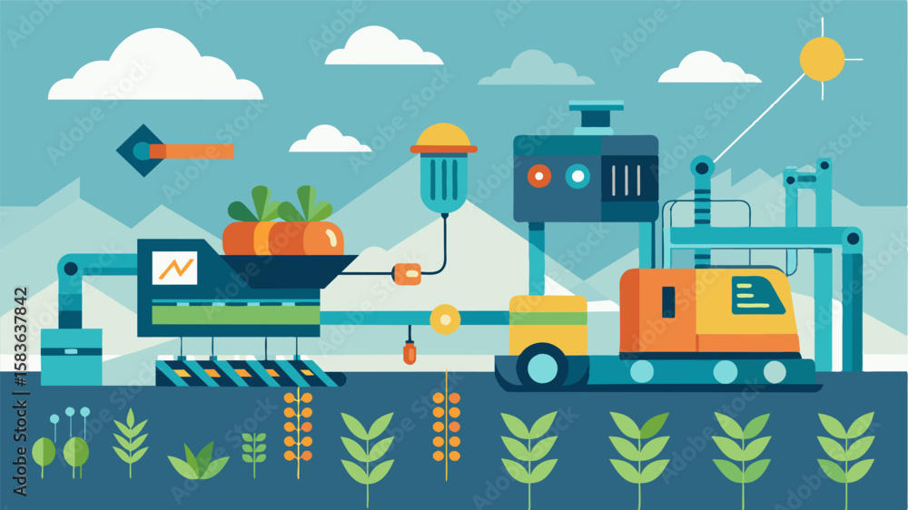 Obraz premium Automated harvesting machinery guided by a digital platform reducing labor costs and improving efficiency.. Vector illustration