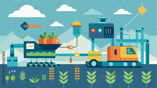 Automated harvesting machinery guided by a digital platform reducing labor costs and improving efficiency.. Vector illustration