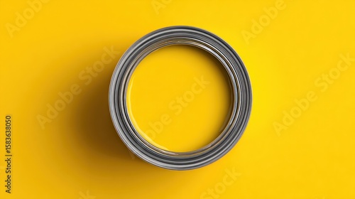 Eye-level view of a metallic paint can filled with bright yellow paint on a matching yellow background