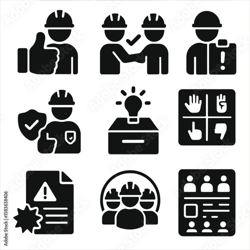 Safety Icons Collection. Solid style icons of behavioral safety: thumbs up safety, peer check icon, report unsafe act, safe
