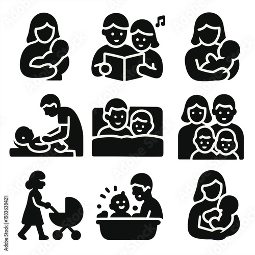 Family Bonding Icons. Solid vector icons of family bonding: parent holding baby, family reading book, parent singing lullaby, baby