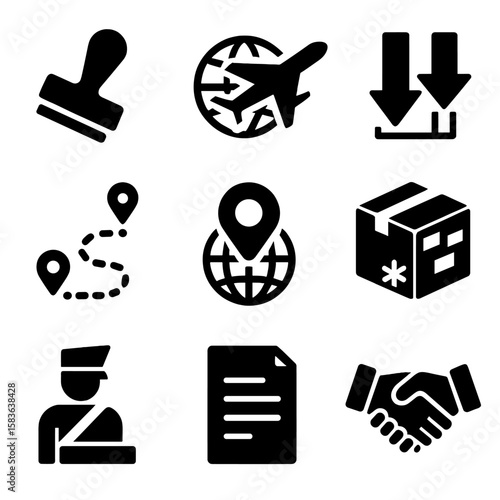 International Logistics Icons. Solid vector icons of international logistics: customs clearance stamp, cargo airplane over globe,