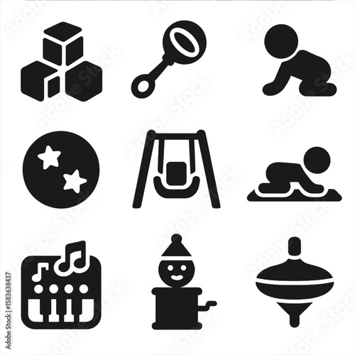 Baby Playtime Icons. Solid vector icons of baby playtime: soft block set, rattle toy icon, baby crawling figure, ball with stars,