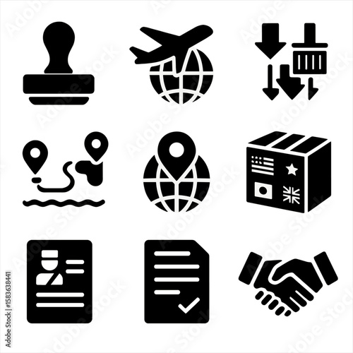 International Logistics Icons. Solid vector icons of international logistics: customs clearance stamp, cargo airplane over globe,