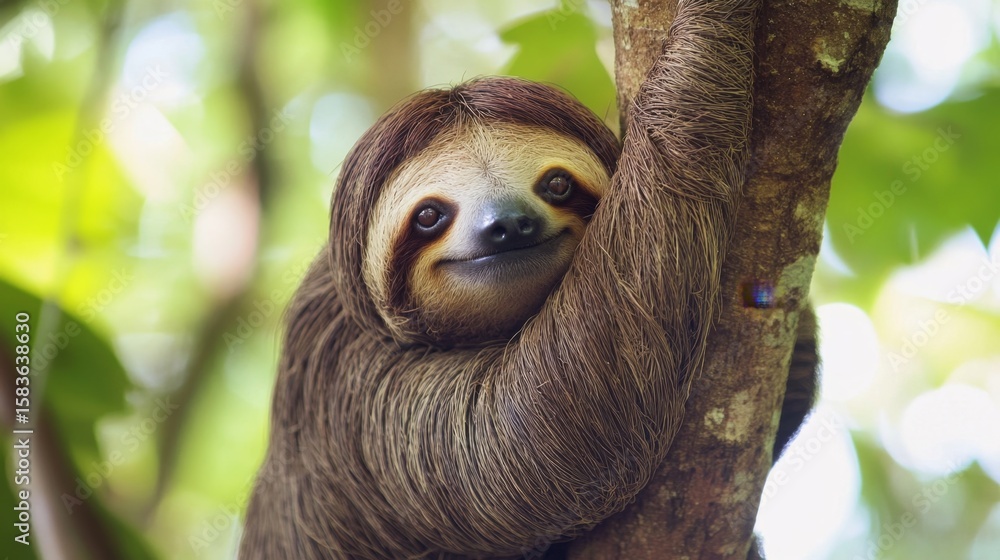 Fototapeta premium Sloth hanging from tree branch tropical rainforest nature photography lush environment close-up view wildlife concept