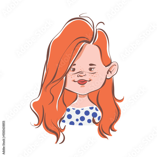 Redhead child girl avatar. Cute portrait of a female child with funny freckles on a happy face. User profile of a pretty red hair schoolgirl. Hand drawn vector illustration of an adorable little kid.