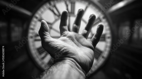 A hand reaching towards a large clock