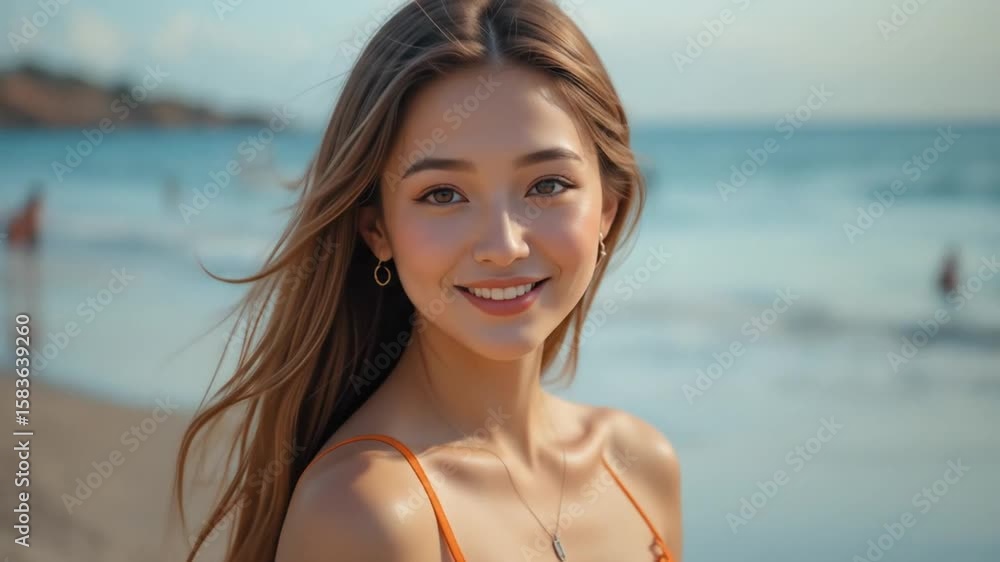 Smiling Young Woman In Orange Dress At Beach Smiling Young Woman In Orange Dress At Beach