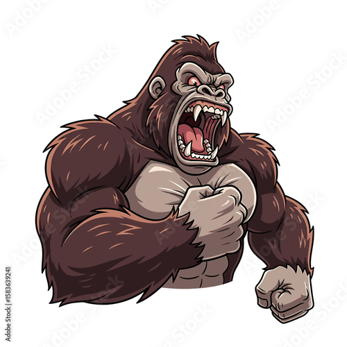Cartoon illustration of an angry gorilla with bared teeth, clenched fists, and a threatening expression.