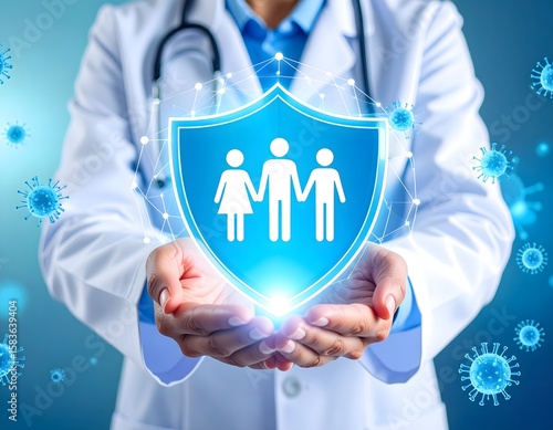Conceptual image of a doctor's hands creating a glowing, transparent energy shield. The shield is protectively surrounding a family icon. Abstract virus particles being deflected by the shield. 
