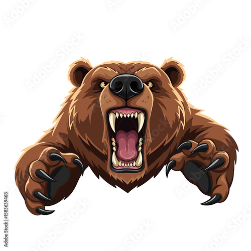 A ferocious brown bear, snarling, claws extended, ready to attack.