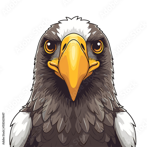 Close-up illustration of a Steller's sea eagle head, focused on its fierce expression and detailed plumage.