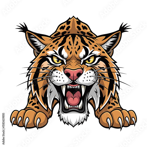 A fierce bobcat mascot, snarling, with intense eyes and sharp claws, ready to pounce.