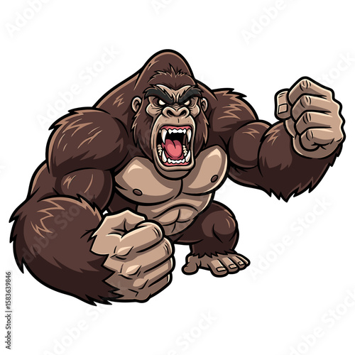 A fierce, muscular gorilla roars with clenched fists, ready to fight.