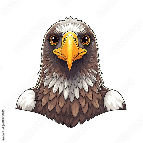 Close-up illustration of a Steller's sea eagle's head and upper chest, showcasing detailed feathers and intense gaze.