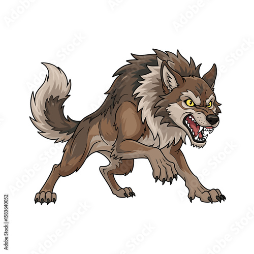 A fierce cartoon wolf is snarling and lunging aggressively forward.