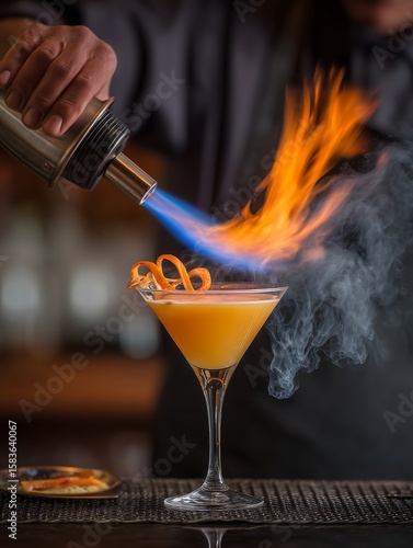 Close-up of bartender’s hand torching a cocktail, releasing smoke over orange peel garnish