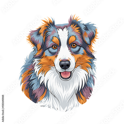 Colorful portrait of an Australian Shepherd dog, close-up view, detailed fur.