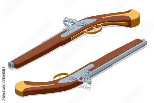 Flintlock Pistols. Isometric set of two vintage flintlock pistols, detailed with wooden grips and metal barrels, commonly associated with pirates and historical warfare. Sea robber, Marauder
