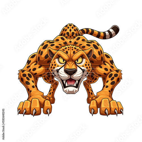 Cartoon cheetah, fierce expression, powerful stance, isolated on white background.