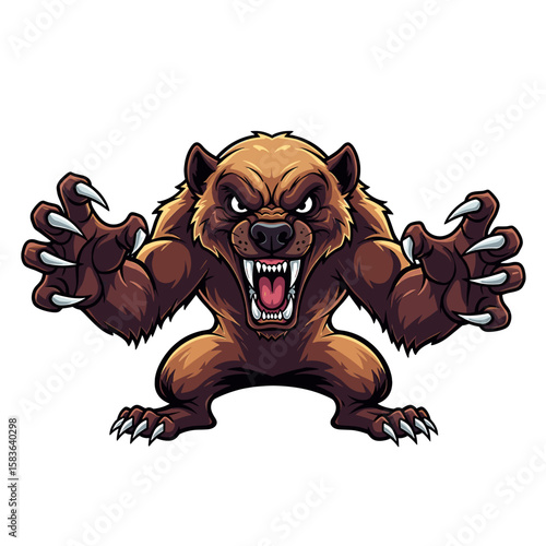 A fierce, cartoon wolverine bares its teeth and claws, ready to attack.