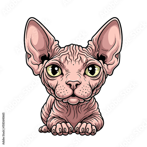 A detailed illustration of a Sphynx cat with large, expressive eyes, looking forward.