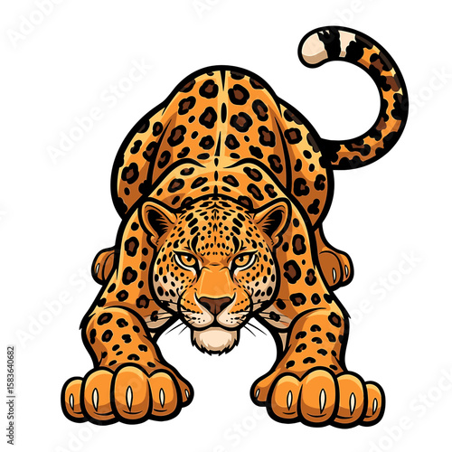 A cartoon jaguar in a low, predatory stance against a white background.
