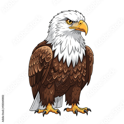 Cartoon illustration of a majestic bald eagle standing, with its characteristic white head and brown body feathers.