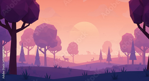 Low Poly Sunset Forest: A serene low-poly landscape depicting a tranquil forest at sunset, featuring stylized trees and deer silhouetted against a vibrant, gradient sky.
