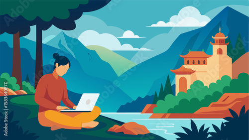The gentle sound of a nearby waterfall provides the perfect background noise for a digital nomad working in a serene monastery.. Vector illustration