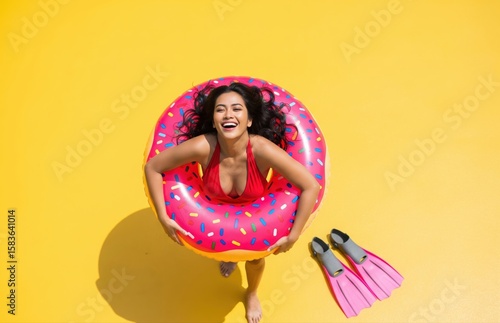 Attractive mixed-race woman in vibrant red swimwear lounges seductively with floaties on isolated yellow background