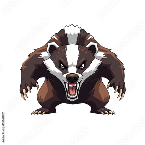Cartoon badger standing aggressively, showing teeth and claws, on a white background.