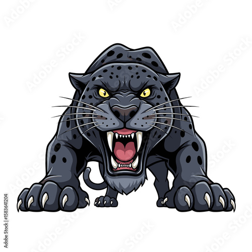 Cartoon illustration of an angry black panther in a crouching position, growling with visible teeth.