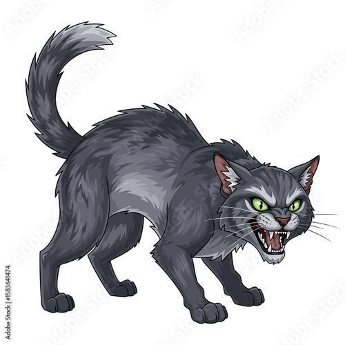 A gray cat with green eyes arches its back and bares its teeth in an aggressive posture.