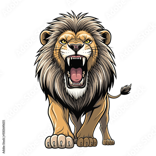 A majestic lion, roaring fiercely, confronts the viewer in a detailed, stylized illustration.
