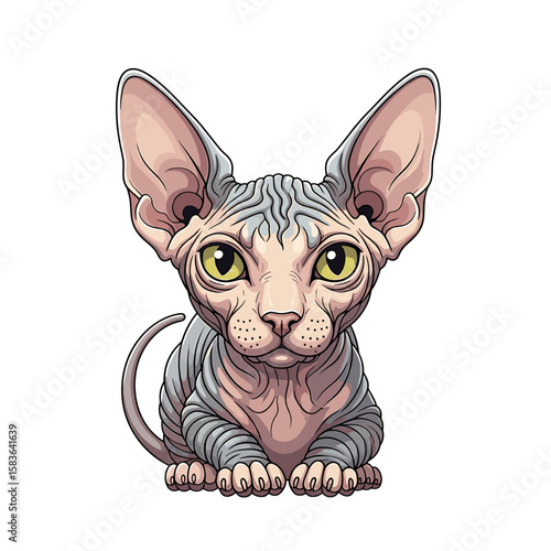 A stylized illustration of a hairless Sphynx cat sitting and looking forward.