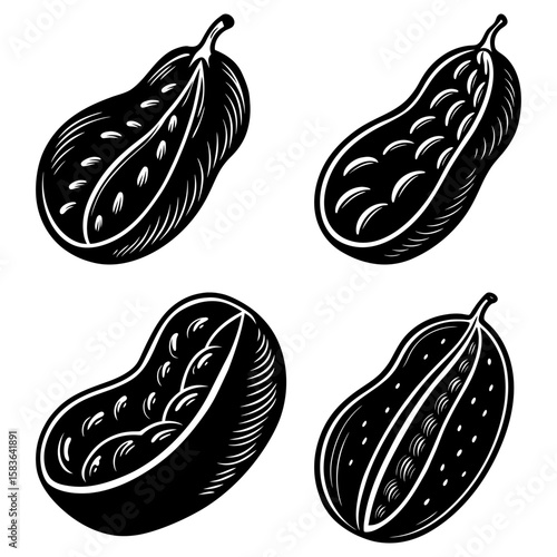 Illustration of four peanuts in black and white with varying degrees of shell openness shown