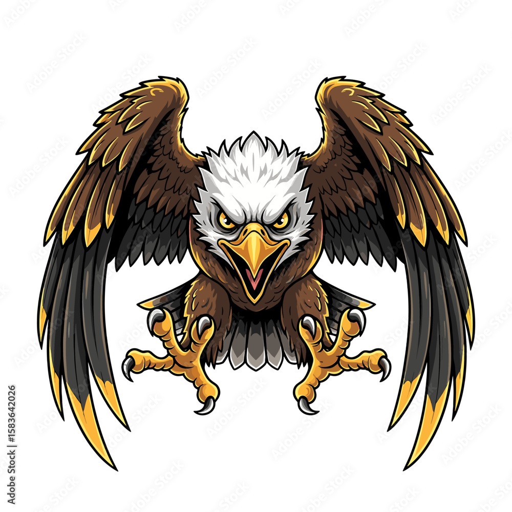 Obraz premium A fierce cartoon eagle with outstretched wings, ready to attack.