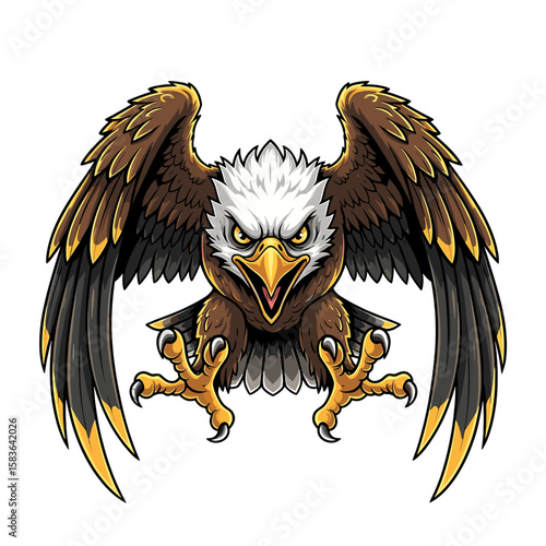 A fierce cartoon eagle with outstretched wings, ready to attack.