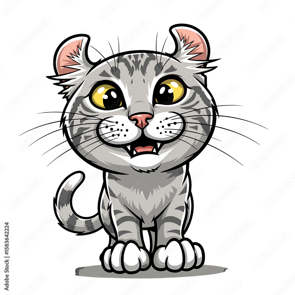 Fototapeta premium Cartoon illustration of a happy, smiling American Curl cat with big eyes.