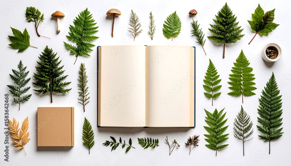 Fototapeta premium Open book surrounded by pressed leaves and fungi