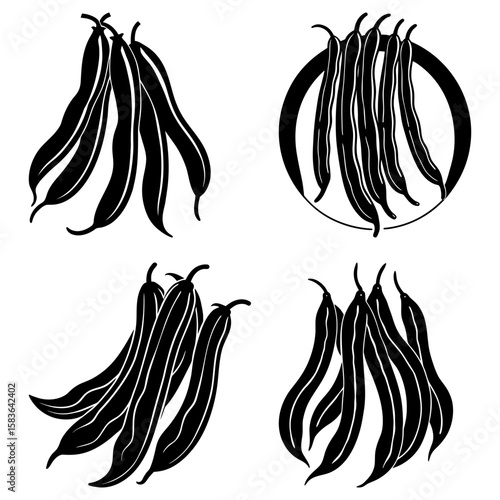 Four clusters of black and white string beans in various arrangements and orientations on white background