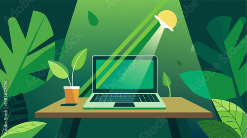 Sunlight filtering through the green leaves illuminating the laptop screen of a freelancer perched high up in their treehouse office.. Vector illustration