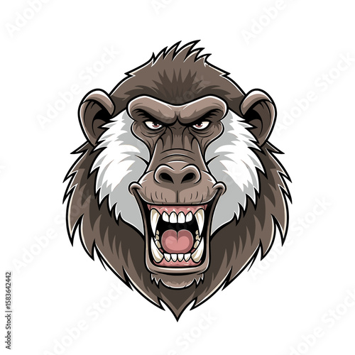 Cartoon illustration of an angry baboon head with detailed fur and visible teeth, isolated on white.
