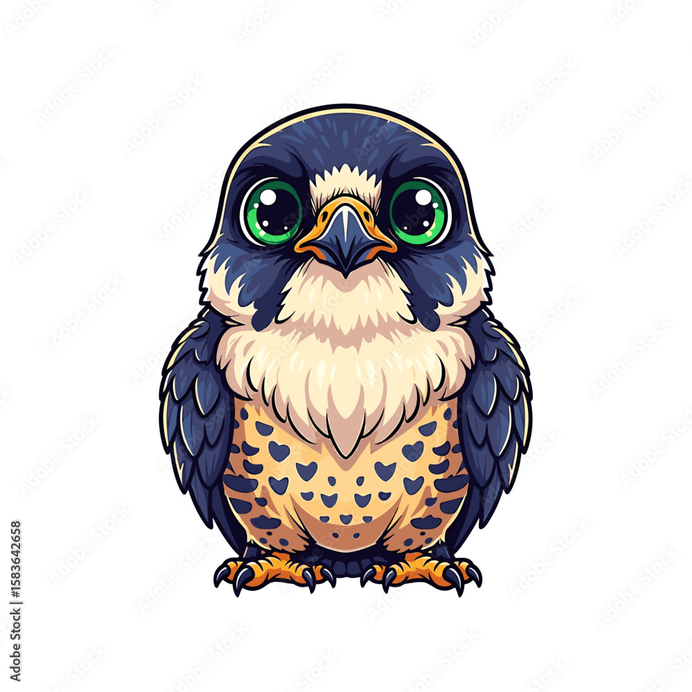 Fototapeta premium Cartoon illustration of a cute, stylized falcon with big green eyes, dark blue plumage, and a light yellow chest with dark spots.