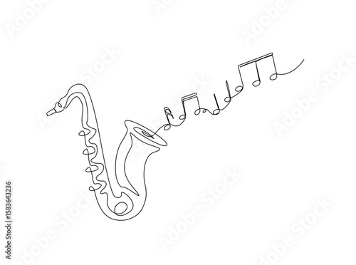 Saxophone with music notes in single outline illustration. Continuous line art drawing of saxophone sound visual.
