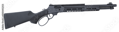 Black lever action rifle that has modern improvements include a rail