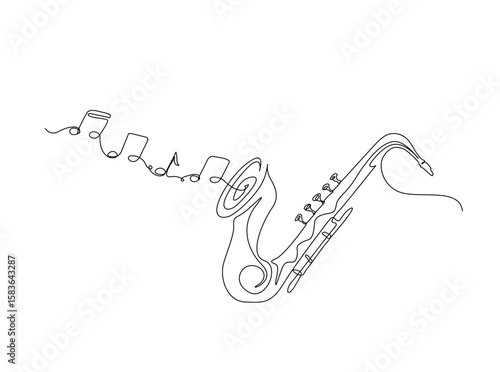 Saxophone with music notes in single outline illustration. Continuous line art drawing of saxophone sound visual.