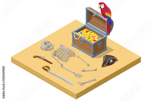 An eerie Isometric illustration of pirate treasure with a chest of gold, a skeleton, a pirate hat, cutlass, and pistol, on a sandy ground. Pirate, Sea robber, Marauder, Buccaneer, Corsair, Filibuster